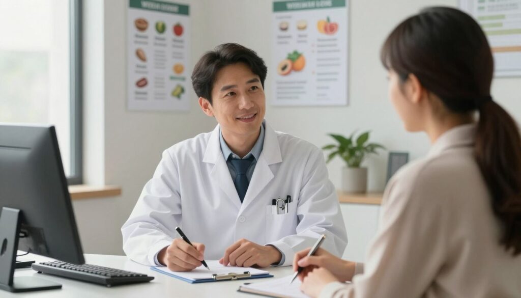 A welcoming medical office setting designed for weight loss consultations. In the foreground, a professional-looking healthcare provider, dressed in a white lab coat and business casual attire, is seated at a desk and engaging with a patient, who is attentively listening with a notepad and pen in hand. The middle ground reveals charts and dietary guidelines displayed on the wall, emphasizing support materials. In the background, a window with soft natural light streaming in enhances the atmosphere, creating a warm and inviting space. The overall mood is encouraging and supportive, reflecting an environment where patients feel comfortable discussing their weight loss journey. The composition is captured at eye level, creating a relatable and engaging perspective. A welcoming medical office setting designed for weight loss consultations. In the foreground, a professional-looking healthcare provider, dressed in a white lab coat and business casual attire, is seated at a desk and engaging with a patient, who is attentively listening with a notepad and pen in hand. The middle ground reveals charts and dietary guidelines displayed on the wall, emphasizing support materials. In the background, a window with soft natural light streaming in enhances the atmosphere, creating a warm and inviting space. The overall mood is encouraging and supportive, reflecting an environment where patients feel comfortable discussing their weight loss journey. The composition is captured at eye level, creating a relatable and engaging perspective.