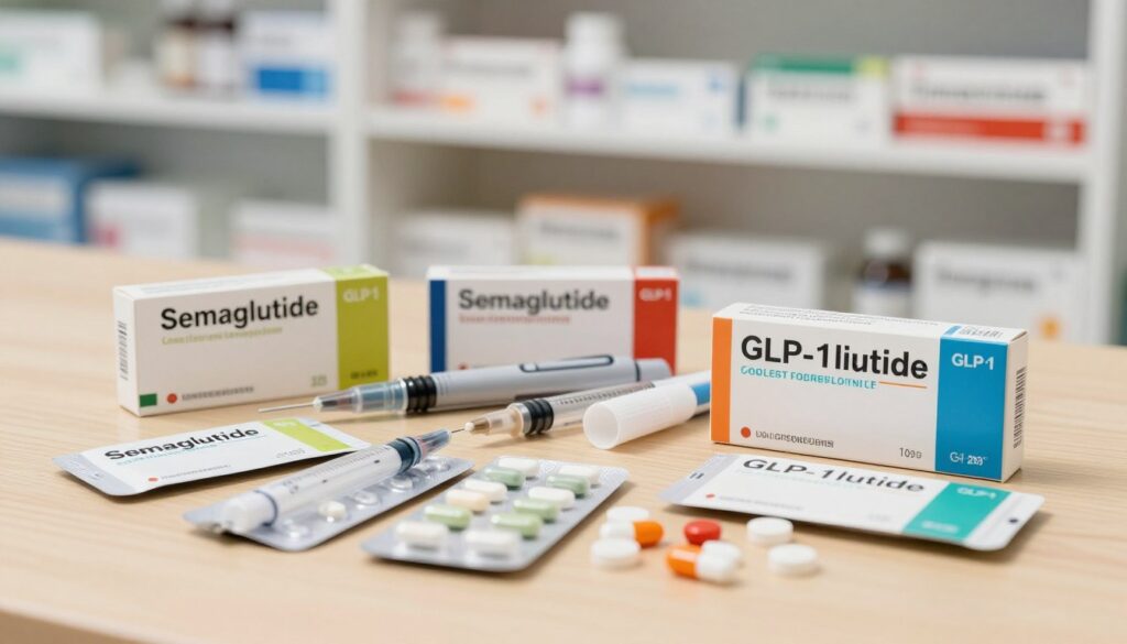 A well-lit tabletop scene featuring a selection of common GLP-1 medications. In the foreground, display a variety of medication packages, such as semaglutide and liraglutide, arranged neatly with labels clearly showing their colors and branding. In the middle, include a few sleek, modern injection pens used for administering the medications, with the caps off to showcase their design. In the background, softly blurred shelves filled with medical supplies create an organized pharmacy ambiance. The lighting should be bright and inviting, with a warm tone to evoke a sense of professionalism and care. The composition should maintain a clean and clinical look, emphasizing the importance of these medications in managing certain health conditions.
